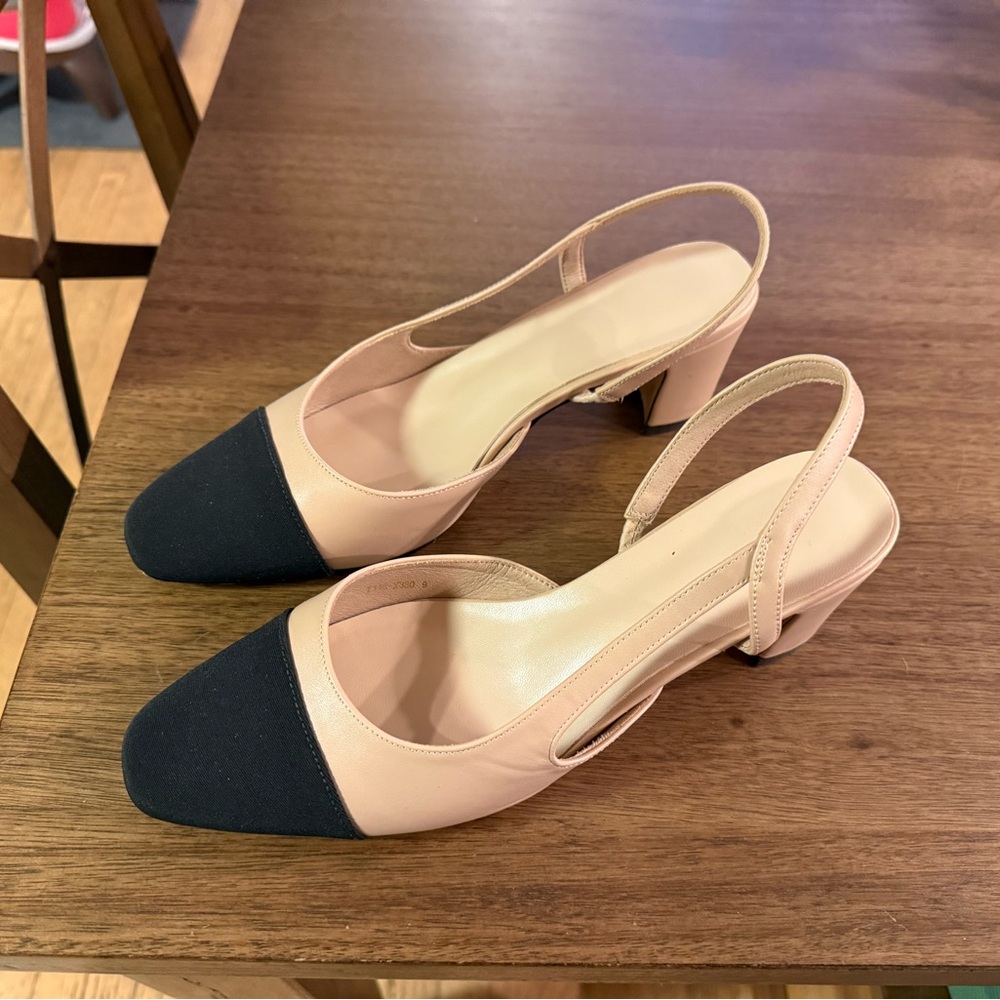 Amazon size 9 beige and black sling back heel